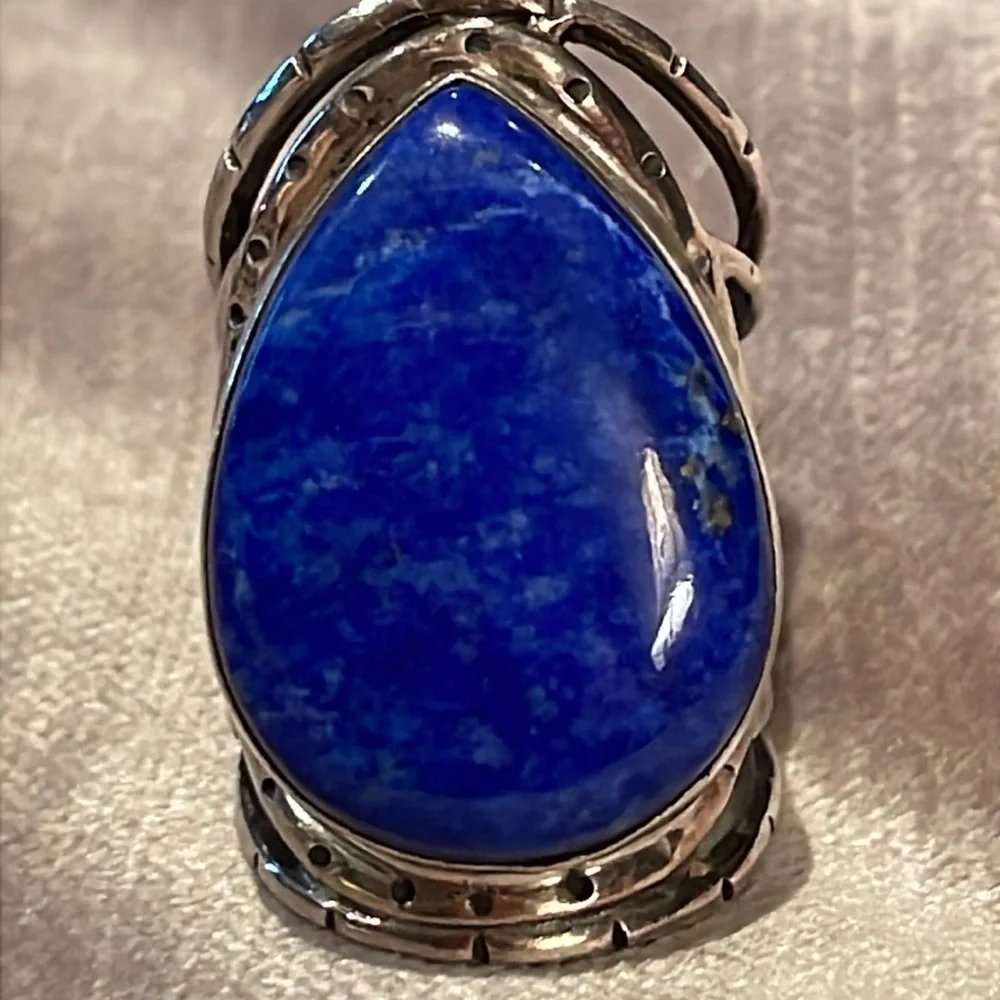 Enormous Lapis Lazuli Sterling Silver Cage Ring size 6 - Picture 9 of 9